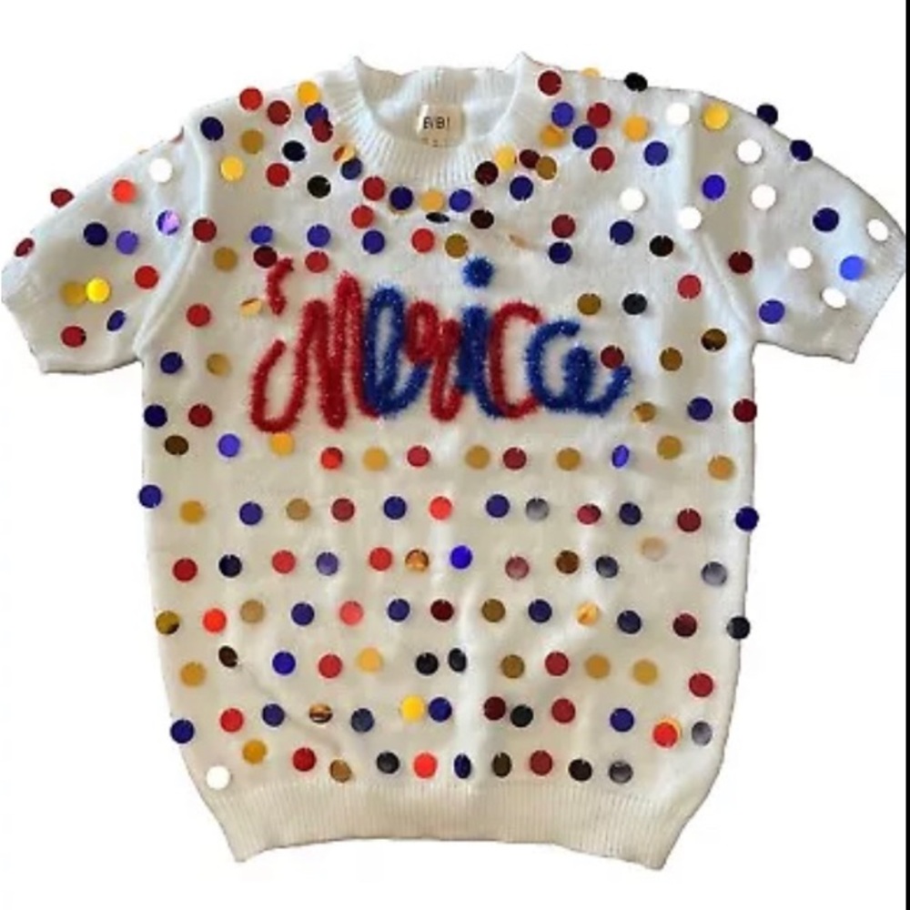 NWT ‘Merica Short Sleeve White Patriotic Bibi Sweater